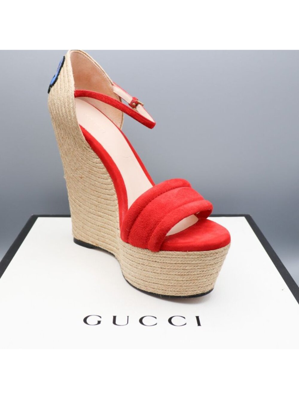 Gucci Ophelia Hibiscus Red Suede Floral Crewel Wedge Platform Espadrille 38 Box - Picture 3 of 16